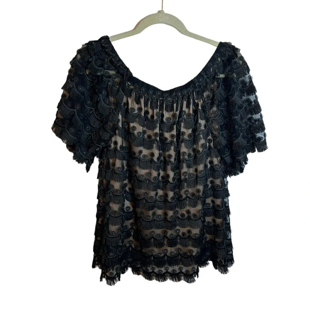 TRINA TURK BLACK LACE OFF THE SHOULDER BLOUSE